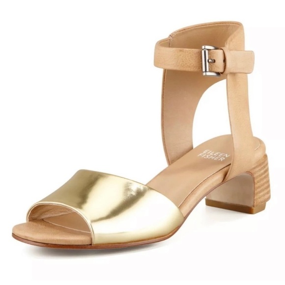 Eileen Fisher Gold & Tan Catch Leather Ankle-Wrap Stacked Heel Sandals Size 8 - Picture 1 of 14